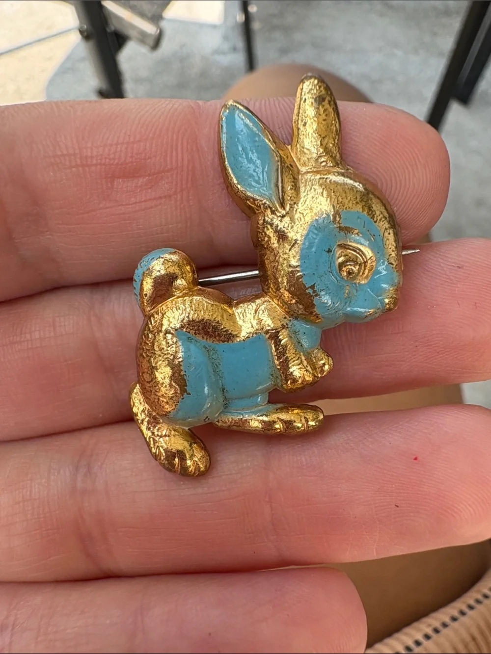 Vintage Gold and Blue Bunny Brooch Pin - Charming Women's Jewelry